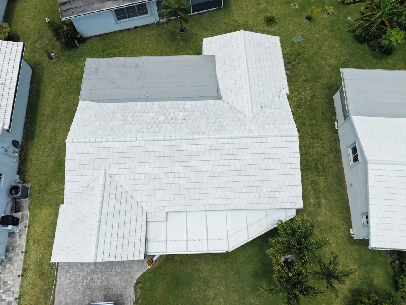 Drone photo of a white tile roof