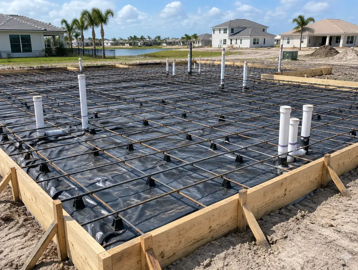 New home foundation with rebar, vapor barrier and forms before the pour