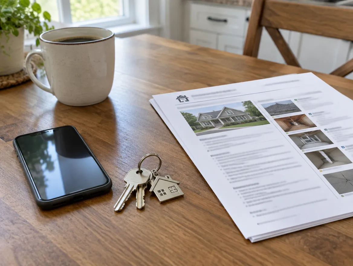 Phone, house keys and a printed inspection report on a table