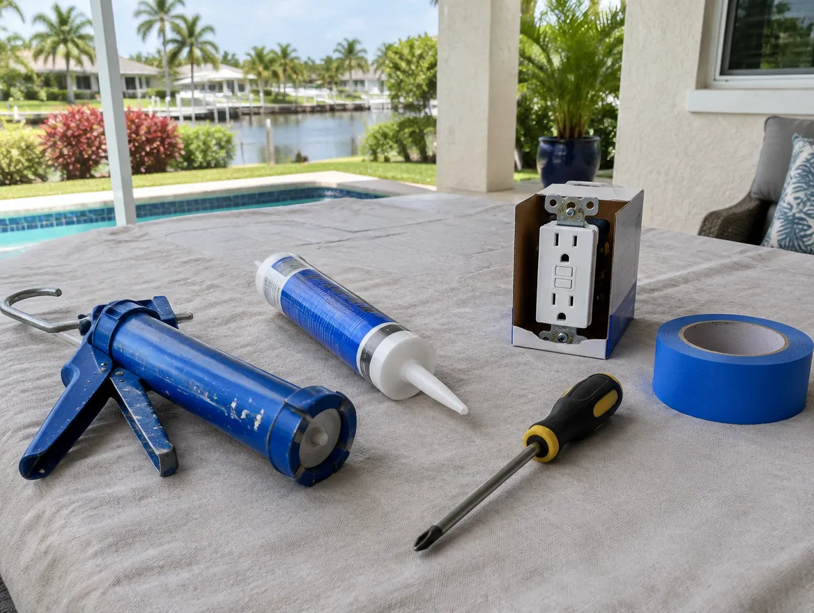 Caulk, an outlet and tools set out for small repairs