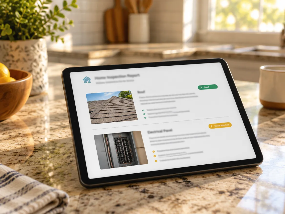 Home inspection report with photos open on a tablet