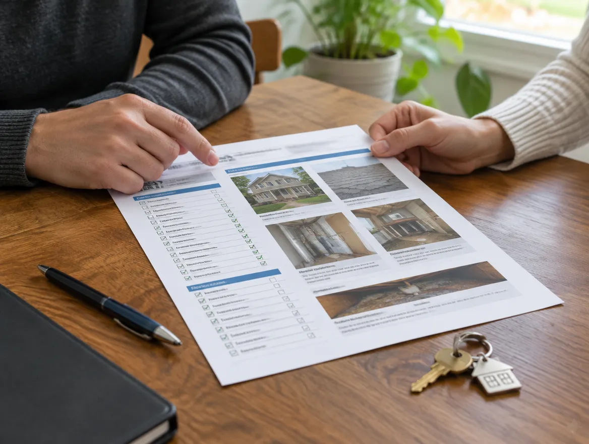 Two people reviewing a printed inspection report