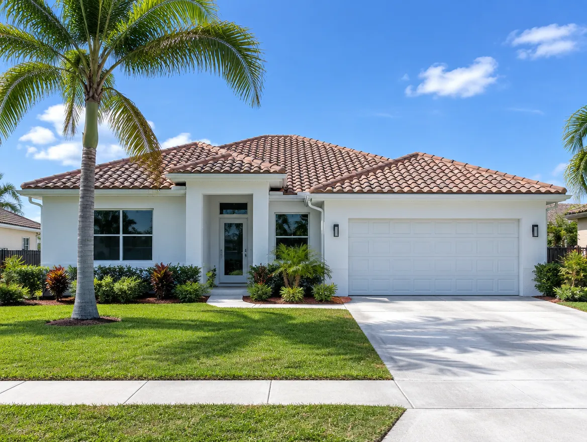 Concrete block home with a barrel tile roof in South Florida
